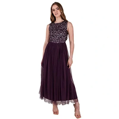 Image of Maya Deluxe Women&#039;s Midaxi Dress Ladies Sleeveless Sequins High Empire Waist Tulle Embellished for Wedding Guest Ball Bridesmaid, Berry, 12