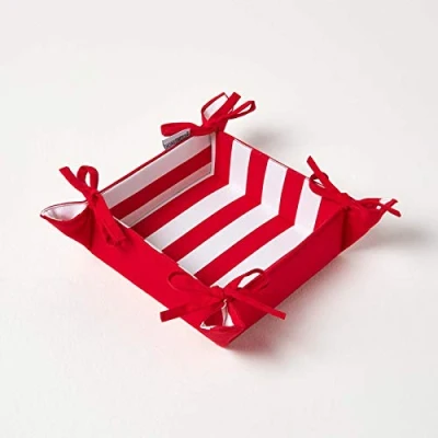Image of HOMESCAPES Reversible Bread Basket Double Design Fabric Red Striped Pattern Foldable for Buns Eggs Baked Goods 100% Cotton Cover