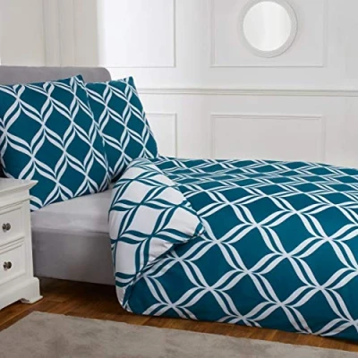 Image of Sleepdown Geometric Diamond Teal Ultra Soft Easy Care Hypoallergenic White Print Reversible Duvet Cover Quilt Bedding Set 200cm x + 2 Pillowcases 80cm 80cm, 5056242762157