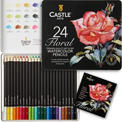 Image of Castle Art Supplies “Botanical Themed Watercolour Pencils Set 24 Premium Quality, Selected Vibrant Colours Draw and Paint at the Same Time For Adult Artists Gifting In Special Tin Box