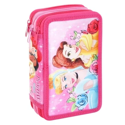 Image of TDL Princess Pencil Case, 3 Zips, Assorted Stationery, 21 x 12 5 cm