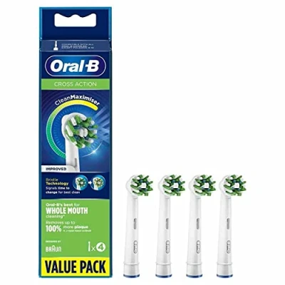 Image of Oral B Cross Action Electric Toothbrush Head with CleanMaximiser Technology, Angled Bristles for Deeper Plaque Removal, Pack of 4, White
