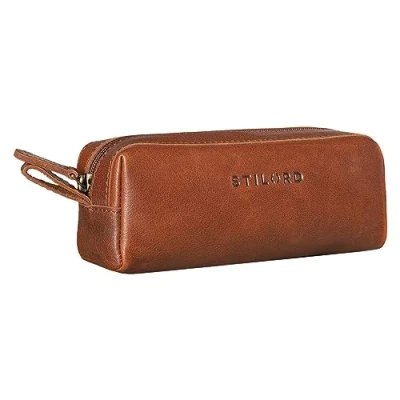 Image of STILORD &#039;Linus&#039; Pencil Case Leather Pen Pouch Office University College Women Men Stationary Vintage Leather, Colour:Cannes Brown