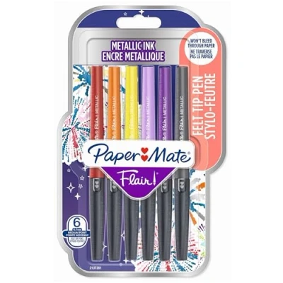 Image of PAPER MATE Papermate 95239 Blister Pack of 6 Flair Markers Nylon Multicoloured, Metallic