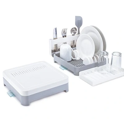 Image of Minky Foldaway Dish Rack, Drainer Rack With Drainage Spout, Removable Plate Racks &amp; Cutlery Holder, Space Saving Durable