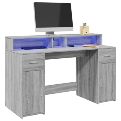 Image of vidaXL Desk with LED Lights Writing/Working Table Grey Sonoma Engineered Wood Ample Storage Office/Gaming 140 x 55 91 cm
