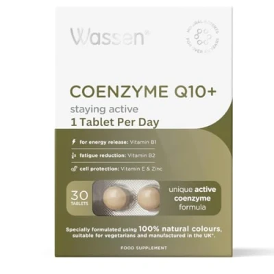 Image of Wassen Coenzyme Q10 Supplements 30 Tablets Active Formula High in Zinc Vitamins B1 &amp; B2 For Energy Release Fatigue Reduction Heart Health