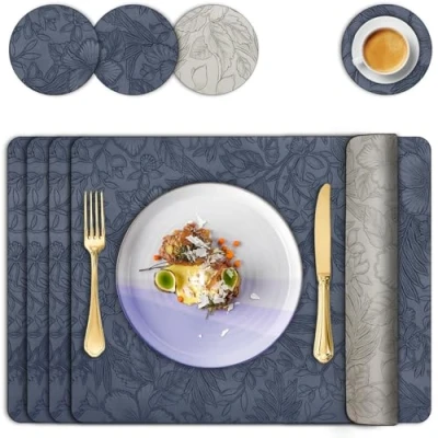 Image of Placemats and Coaster Sets 4, Faux Leather Table Mats Heat Resistant Waterproof Non Slip, Wipeable Washable Dual Sided Floral Place Mat 43x33 cm, Easy to Clean for Kitchen Dinning Restaurant,Blue Grey