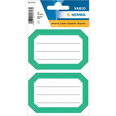 Image of HERMA 5716 Book Labels for Writing on Neutral Green Border, 12 Pieces, 82 x 55 mm, Self Adhesive Lined Stickers School, Kids, Girls, Boys, Blank Stickers, White