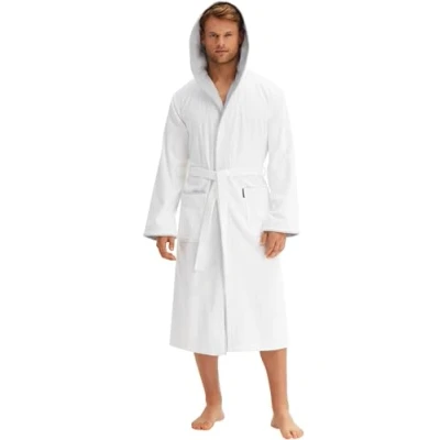 Image of Morgenstern Dressing Gown Men 100% Cotton Hood Velvet Terry Bathrobe White Size M