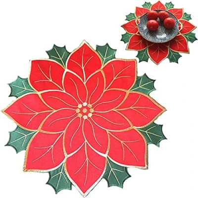 Image of Christmas Poinsettia Placemat Xmas Theme Red with Green Table Mats Festival Embroidery Flower Tablecloths 15.75inch