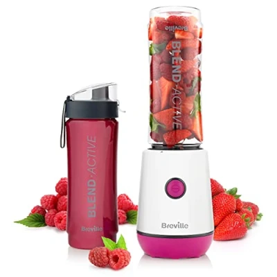 Image of Breville Blend Active Personal Blender &amp; Smoothie Maker 350W 2 Portable Bottles (600ml) Leak Proof Lids White Pink [VBL248]