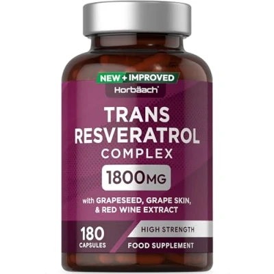 Image of Trans Resveratrol Supplement 1800mg 180 Capsules Complex with Grapeseed, Grape Skin, Red Wine Extract and Blueberry Source of Polyphenols by Horbaach