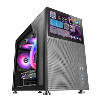 Image of Mars Gaming MC LCD, Compact Micro ATX PC Case, 8&quot; IPS LCD Display, Side, Top and Front Mesh Grille, Tempered Glass Side Window, Mini Tower with Modular Panel Design, Black