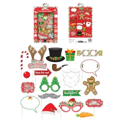 Image of Henbrandt 1 x Pack of 20 Christmas Party Photo Booth Props with Wooden Sticks Selfie and Photobooth Xmas Holiday Photograph Accessories Family Fun Supplies Set Decorations