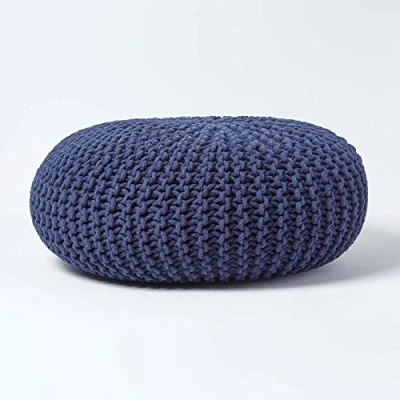 Image of HOMESCAPES Navy Blue Knitted Pouffe Footstool Occasional Seat Bean Filled 100% Cotton for Living Room Children or the Elderly