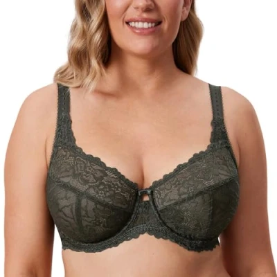 Image of Delimira Women&#039;s Plus Size Bra Full Coverage Minimiser Non Padded Lace Underwired Bras Olive Green 34D