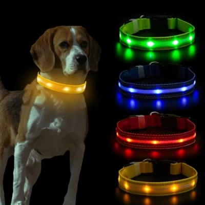 Image of ASAB LED Dog Collar USB Rechargeable Waterproof Light Up for Night Walking Adjustable Buckle 3 Lighting Modes Small Medium Large Dogs (Yellow, M (38 50cm))