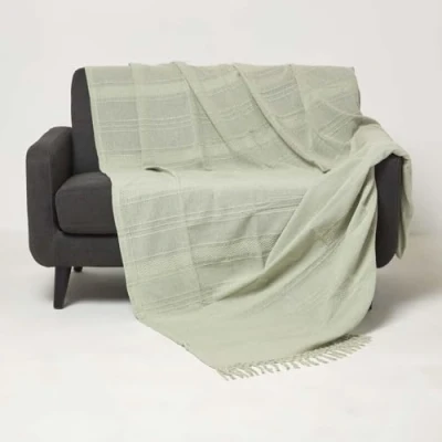 Image of HOMESCAPES Handwoven Sage Green Throw 225 x 255 cm Textured 100% Cotton Blanket with Tassels Lightweight All Season “Kashi Bed or Sofa