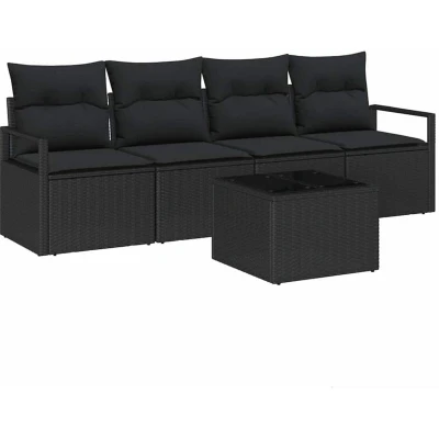 Image of vidaXL 5 Piece Garden Sofa Set with Cushions Black Poly Rattan