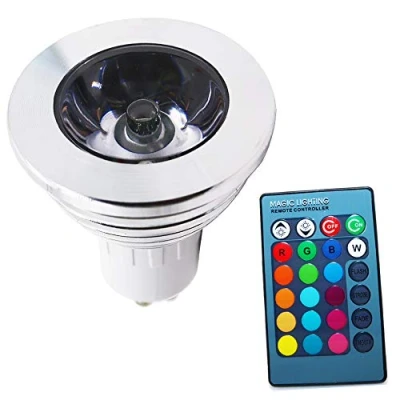 Image of GU10 3W LED RGB Lamp, Colour Changing Light, Bulb with Remote Control, 180lm, AC 85 265V, 50 x 60 mm, Multicoloured Dimmable Bulb, 16 Colours, 4 Modes