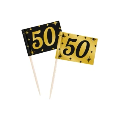 Image of PD Party Cocktail Sticks for 50th Birthday Decoration Anniversary Black Gold 50 Pieces