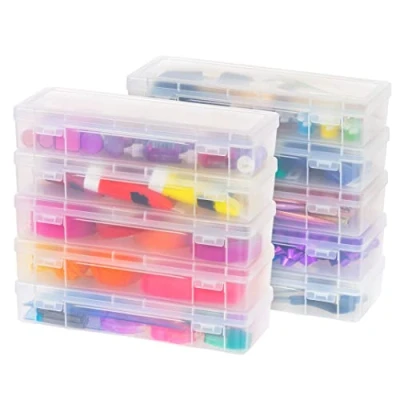 Image of IRIS USA Plastic Pencil Case Box Craft Hobby Art School Supply Storage Organizer Container with Latching Lid, 10 Pack, for Bead Pens Ribbons Wahi Tape Sticker Yarn Ornaments, Stackable, Clear, Large