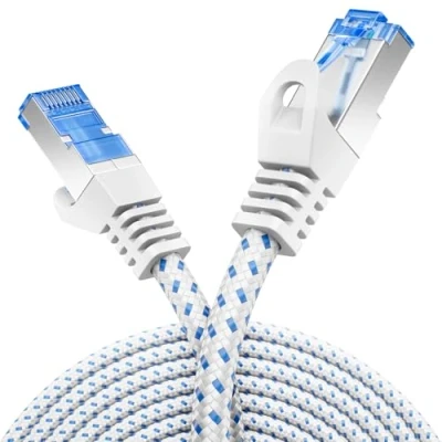 Image of deleyCON 3.0m (9.84 ft.) CAT8.1 Nylon Patch Cable Network Data S/FTP PIMF 2000MHz 40Gbit RJ45 LAN DSL CAT.8.1 Ethernet Plug White