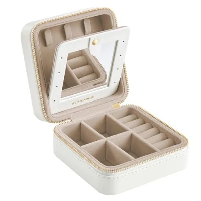 Image of SONGMICS Jewellery Box, 11.4 x 5.5 cm Travel Box with Interior Mirror, PU Leather Storage for Women, Small Organiser, Portable, Gift Idea, Cloud White JBC146BEV2