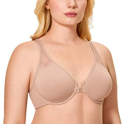 Image of Delimira Women&#039;s Front Fastening Bras Underwire Non Padded Plunge Racer Back Comfort Plus Size Bra Pearl Champagne 36D