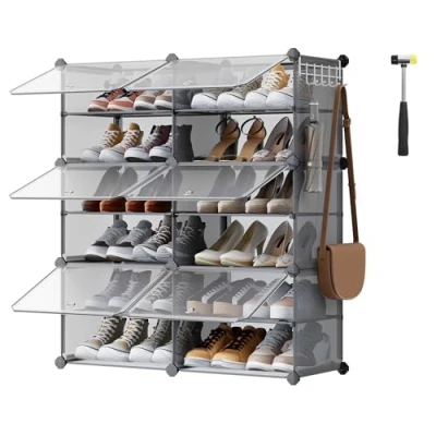 Image of SONGMICS Interlocking Shoe Rack, Plastic Storage Cabinet, 6 Slot Modular Organiser Unit, 30 x 40 cm for Each Slot, with Doors, Steel Frame, Panels, Slate Grey LPC033G01