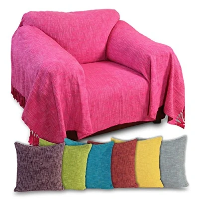Image of HOMESCAPES Nirvana Cerise Pink Handwoven 100% Pure Cotton Throw 90 x 100 Inches, Bedspread Blanket with Handknotted Tassles in Very Durable and Heavy Quality, Easy Care Washable at Home