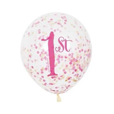 Image of Pink &amp; Gold 1st Birthday Clear Latex Balloons with Confetti (30cm) Pack of 6 Festive Decorations for Girls Celebration