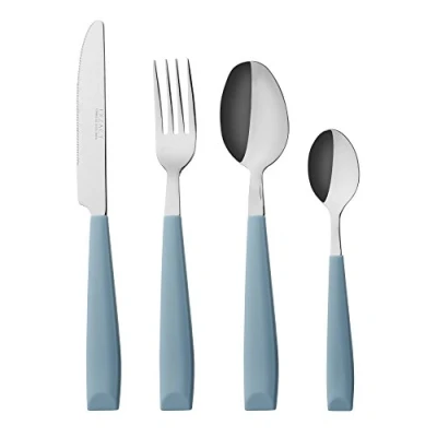 Image of EXZACT Cutlery Set Coloured 16PCS Stainless Steel with Plastic Wide Handles Comfortable to Hold 4 x Forks, Dinner Knives, Spoons, Teaspoons Service for (Light Blue 16)