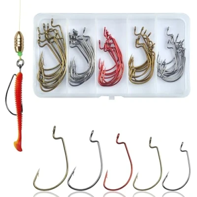 Image of Offset Worm Jig Hooks Bass Fishing 50pcs Wide Gap High Carbon Steel Soft Lure Baits Jigging Fish with Plastic Box for Saltwater Freshwater Size 1/0 5/0