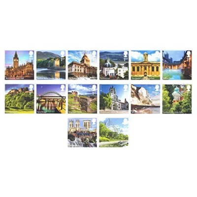 Image of UK Landmarks from M to Z stamps 14 x Royal Mail 1st Class Mint Stamps. 2012 A (part 2) featuring Manchester Town Hall, Portmeirion, Roman Baths etc
