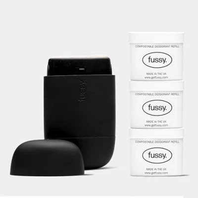 Image of Fussy Mens Natural Refillable Deodorant Aluminium Free 24 Hour Protection Midnight Black Case &amp; Variety Refill Pack (3 x 40g) Wilderness, Wavy Days Forest Haze Vegan Cruelty