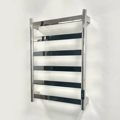 Image of Manissa FALA Electric Stainless Steel Flat Tube Towel Rail 700mm High With Timer Mirror Polished Finish Energy Efficient (400mm x Steel)