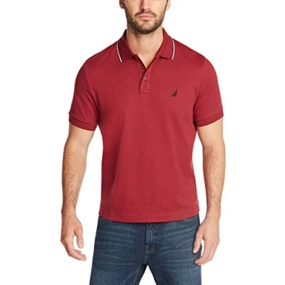 Image of Nautica Men&#039;s Classic Fit Short Sleeve Dual Tipped Collar Polo Shirt, Burgundy, Medium