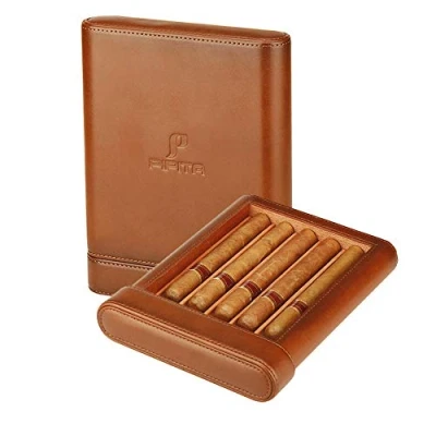 Image of PIPITA Portable Travel Humidor,Elegant Leather Cigar Humidor Cedar Wood Lined with Humidifier for 5 cigars (Cigars not included)