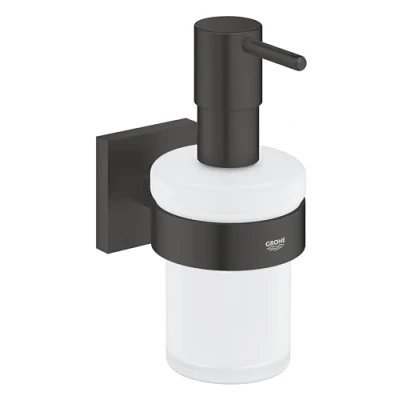 Image of GROHE Start Cube QuickFix Soap Dispenser with Holder (Material: Iced Glass and Metal, Filling Quantity 160 ml, Screws Dowels), Size 158mm, Easy to Fit QuickGlue, Matt Black, 410982430