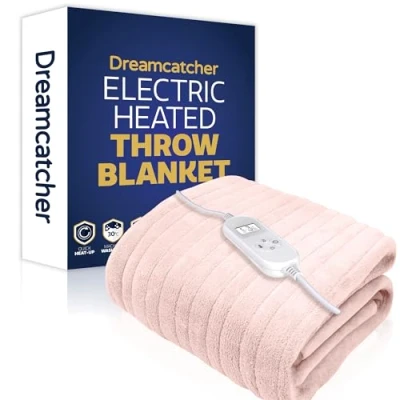 Image of Dreamcatcher Pink Heated Throw Electric Blanket, 160 x 120cm Blanket Machine Washable Soft Micro Fleece Overblanket with 9HR Timer and 9x Control Heat Settings