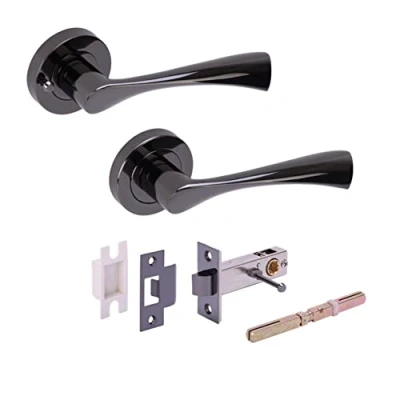 Image of HANDLEZONE® Zena Privacy Lever On Round Rose Door Handles, with Latch, for Bathroom, Toilet, WC Doors, 1 Set Black Nickel
