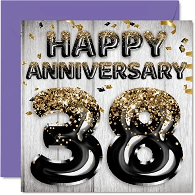 Image of Awesome 38th Anniversary Card for Husband Boyfriend Wife Girlfriend Black Gold Glitter Balloons Happy 38 Cards from Family, 145mm x Greeting Thirty Eighth Anniversaries