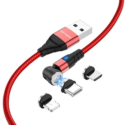 Image of HEYBRO 3 in 1 Magnetic Charging Cable, 3A Fast Charge Phone Charger Cables Nylon Braided with Led Light USB Cord Micro USB, Type C and Most Devices