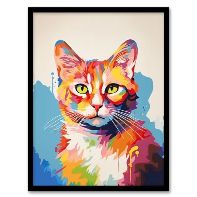 Image of Artery8 Ginger Cat Lover Gift Pet Portrait Colourful Artwork Painting Framed Wall Art Print A4