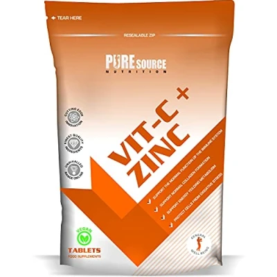 Image of Pure Source Nutrition Vitamin C + Zinc Vegan Tablets Immune System Support High Strength with Ascorbic Acid UK Made (120 Tablets)