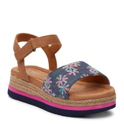 Image of TOMS Girls Diana Wedge Sandal, Navy Embroidered Floral Canvas, 4 UK