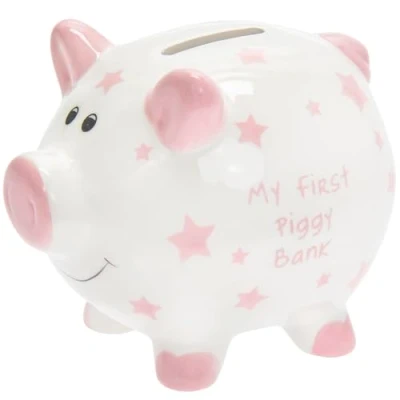 Image of &#039;My First Piggy Bank&#039; Money Box White with Stars 12cm Pink