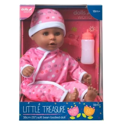Image of DOLLSWORLD from Peterkin Little Treasure doll 78318 38cm (15&quot;) baby with bean filled bum, sleeping eyes, deluxe romper, hat, bottle and dummy Dolls &amp; Accessories Ages 18m+